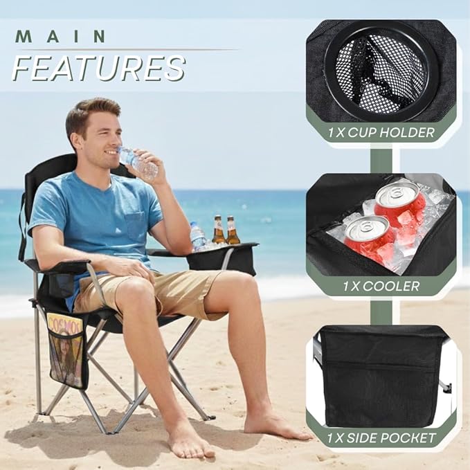 Pack of 2 Portable Lawn Chairs with Built-in Can Cooler Storage Pocket Carry Bag and Cup Holder Includes Carry Bag (2 Black)