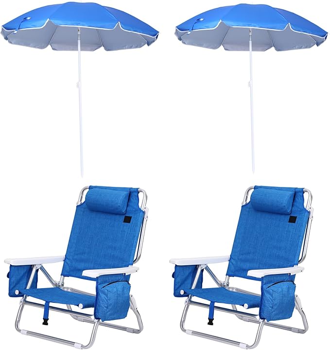 CDEN Backpack Beach Chair Sand Chair Beach Chairs for Adults 7-Position Reclining with Backpack Straps Cooler and Umbrella Cup Holder Outdoor Camping BBQ Travel Picnic (2 Pack)