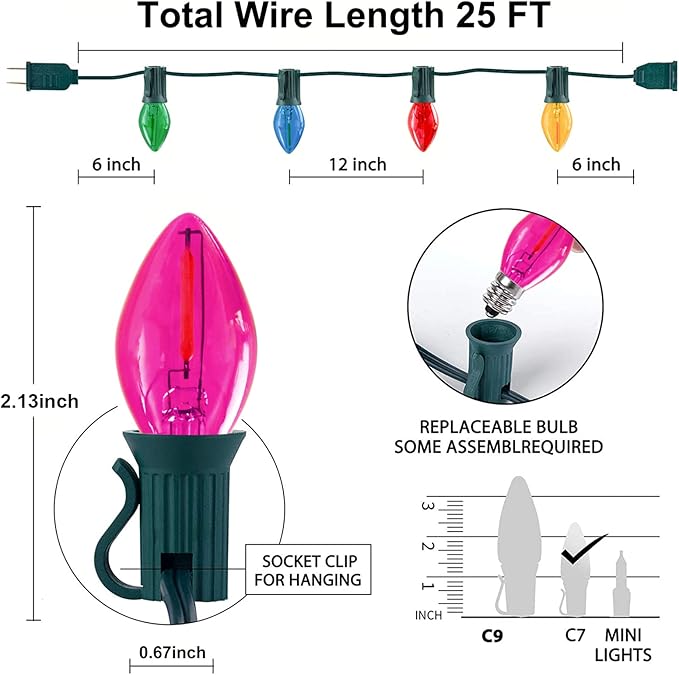 SUNSGNE 25 Feet Multicolor Christmas Lights C7 LED Outdoor Vintage Christmas Lights with 27 LED Clear Colored Bulbs(2 Spare) for Patio Porch Roofline Decorations- Green Wire