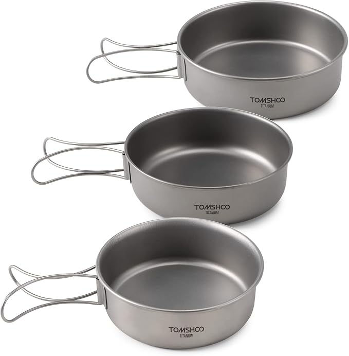 Titanium Bowls 3pcs Titanium Bowls Set Ultralight Titanium Dinner Bowl Pan with Foldable Handles for Outdoor Camping Hiking Picnic
