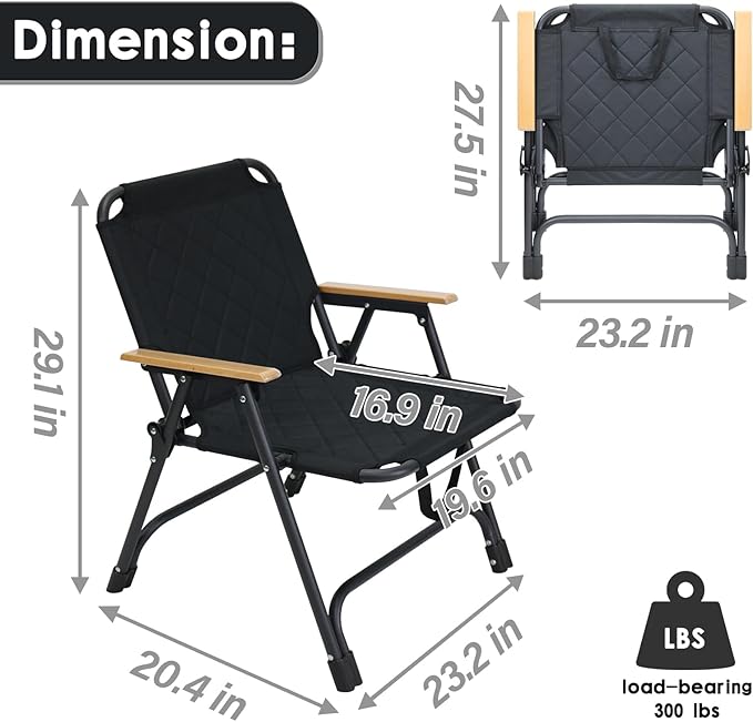 BDL Folding Beach Backpack Chair Outdoor Folding Portable Camping Chair with Armrest for Patio Garden Yard Beach Supports 300 lbs 2 Pack (Black Classic)