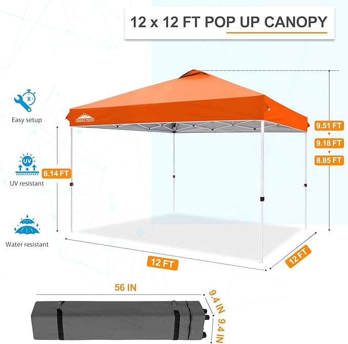EAGLE PEAK Pop Up Canopy Tent with Wheeled Carry Bag 8 Stakes 4 Ropes 4 Weight Bags Easy Set Up Tent Canopy 12x12 ft 144sqft of Shade Orange