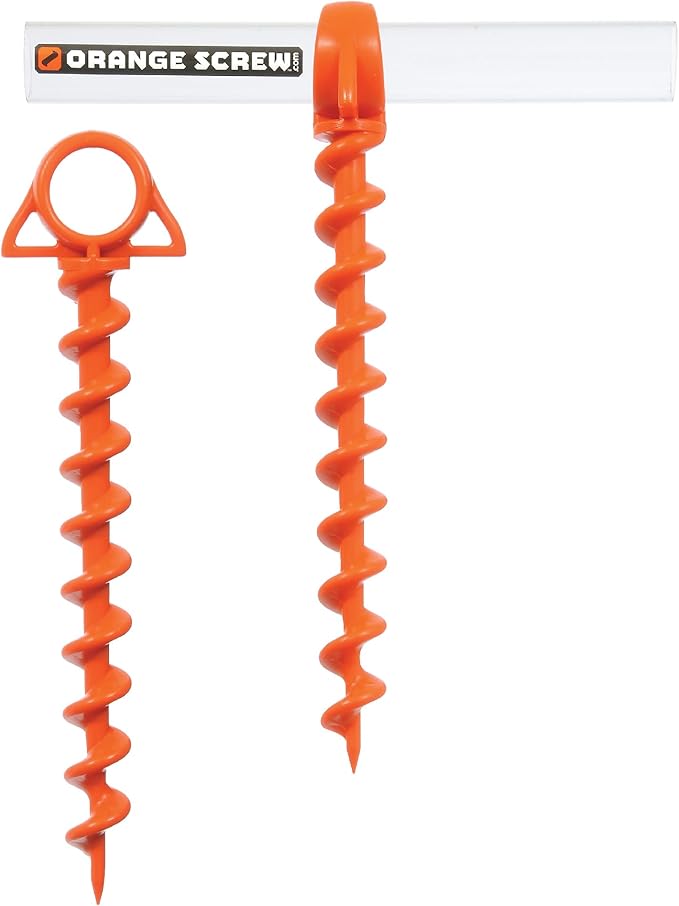 Orange Screw Ultimate Ground Anchors: Heavy Duty Screw-in Tent Stakes for High Wind Sand Canopies and Camping - Made in USA 100% Recycled Included T-Grip Tool - (Large 2 Pack)