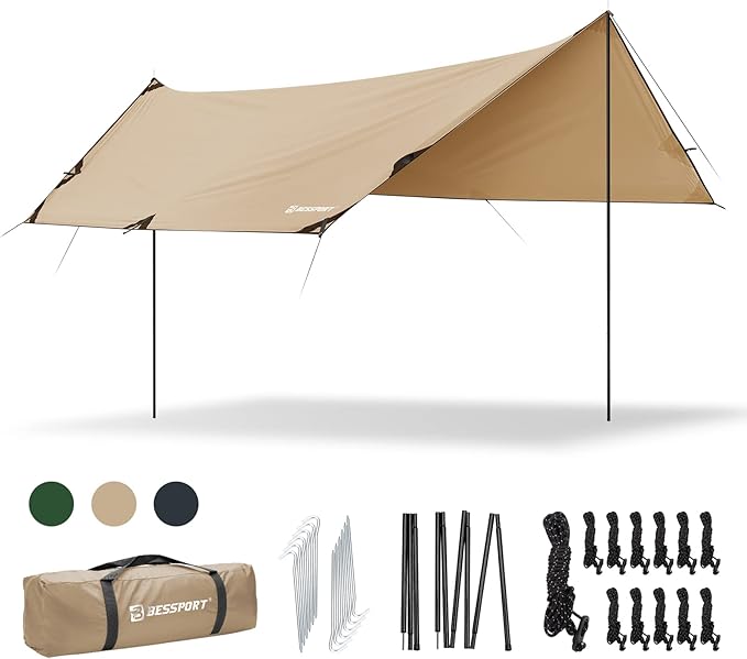 Bessport Camping Tarp 16×9.8FT with 2 Poles Portable Multifunctional Backpacking PU 3000mm Waterproof Rain Fly Hammock Tarp for OutdoorTraveling Hilking