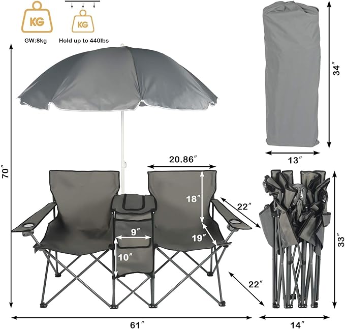 Double Folding Camping Chair W/Umbrella Fold Up Table Beverage Holder Carrying Bag Cooler for Patio Pool Park Outdoor Beach Picnic Portable (Grey)