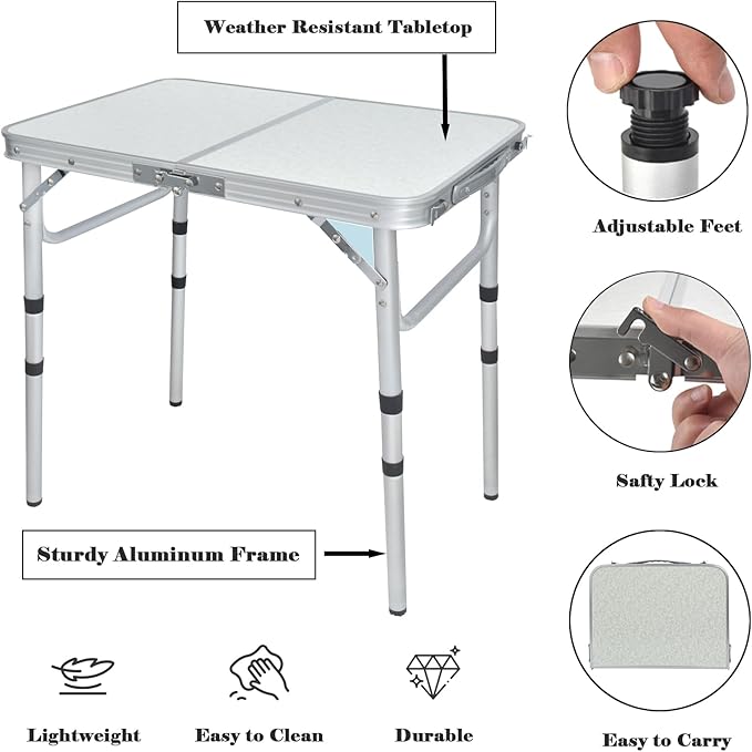 Small Folding Camping Table 2ft Portable Picnic Table Aluminum 24 x 16 Folding Table 3 Adjustable Heights Portable Lightweight Table Dining Table for RV Picnic Beach (White)