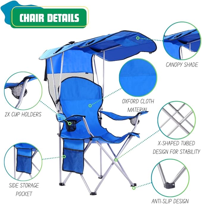 EZONE Folding Canopy Camp Chair for Outdoors Shade Canopy Portable Chair Camping Tailgates Beach Pool Lawn Chair Sunshade Travel Chair Folding Camping Chair (Upgraded - Blue)