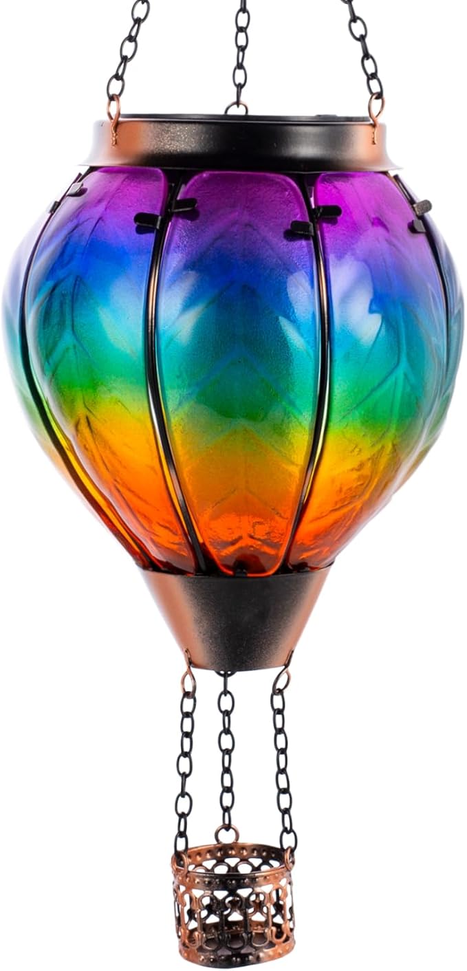 Solar Hot Air Balloon Lantern with Flame Hanging Glass Hot Air Balloon Solar Lantern Waterproof Decorative Outdoor Hot Air Balloon Solar Light for Outside Garden Patio (Purple Gradient)