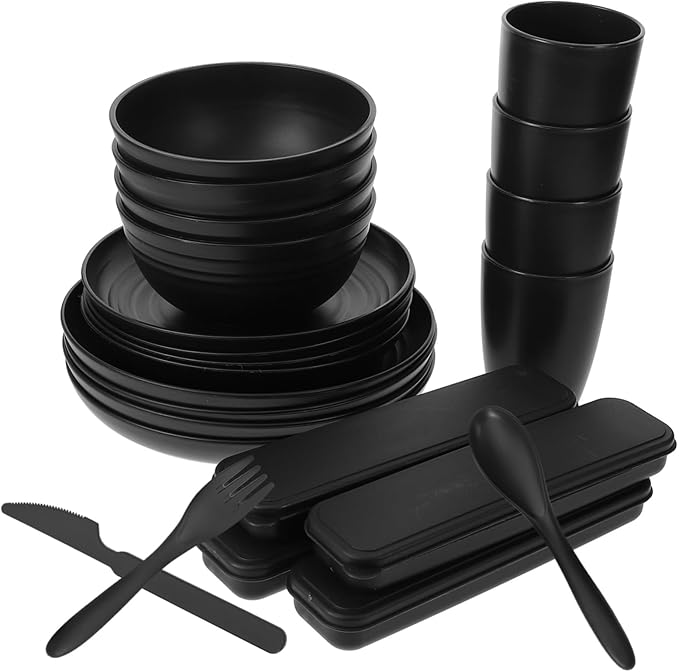 4sets Camping Utensil Black Picnic Dish Fork Spoon Knife Bowl Cup Reusable Compact Storage Case