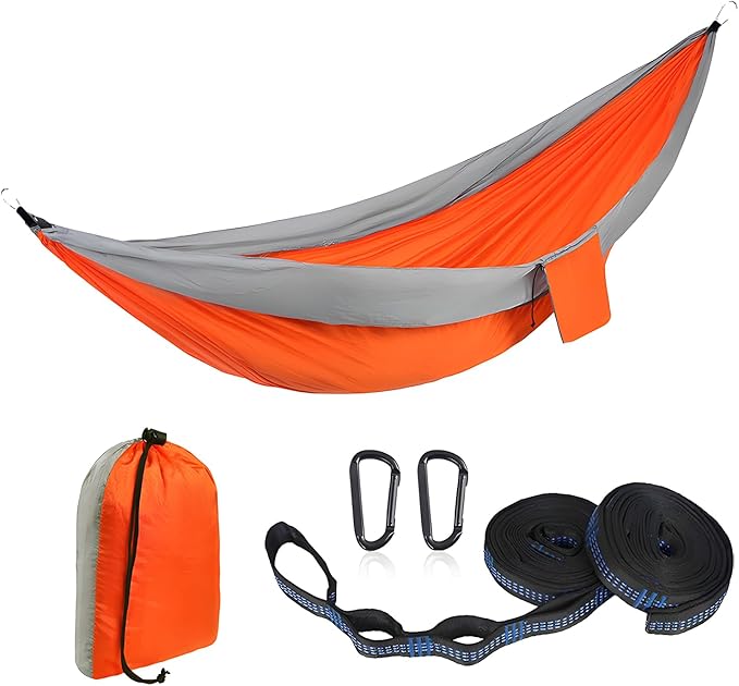 Camping HammockLightweight Nylon Parachute Hammock with Tree Straps and Carry BagEssential Equipment for Outdoor AdventuresCampingHiking and Other Activities(Silver Gray Mixed with Orange)