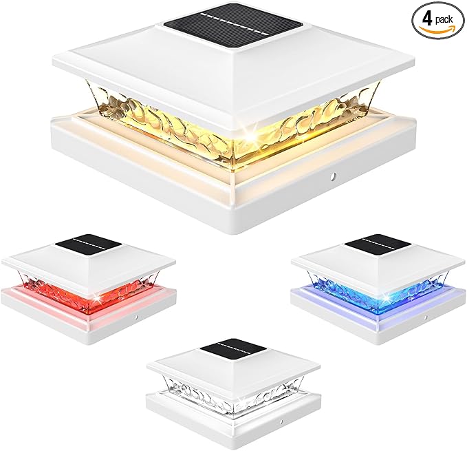 APONUO Solar Post Cap Lights with 8 RGB Solid Colors &amp Multicolor Flow - 4 Pack Fence Post Solar Lights IP65 Waterproof - Fits 4x4 5x5 6x6 Wood &amp Vinyl Posts - White