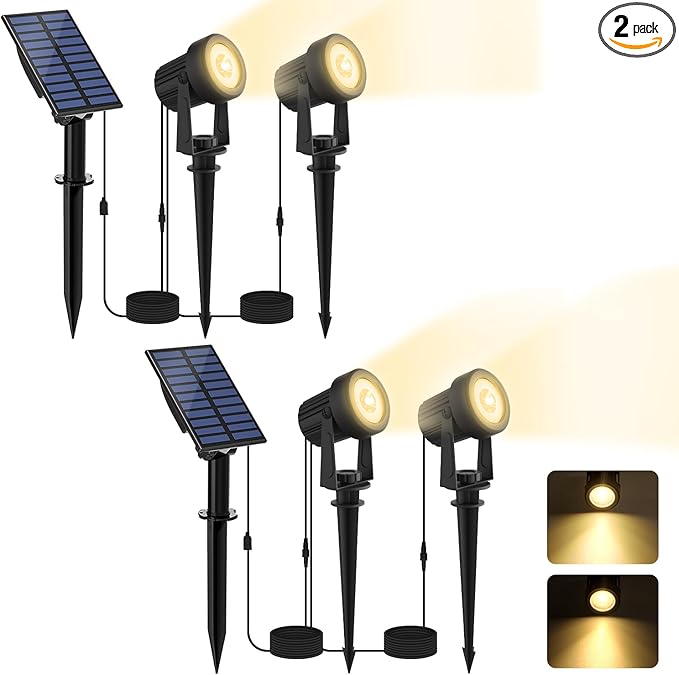 Solar Spotlights Outdoor Waterproof Warm White Landscape Spotlights Decorative Solar Spot Lighting for Garden Yard Pathway Lawn Poolside Party 2-in-1 Mounted (Warm White 2 Pack)