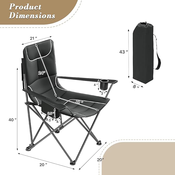 Athena Collection Portable Camping Chair for Outdoor Foldable Outdoor Beach Camping Chair with Adjustable Backrest &amp Armrest Oversized Padded Chair Folding Lawn Chair with Cooler &amp Cup Holde