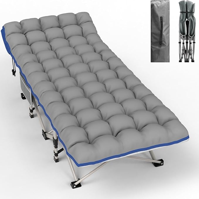 Seeutek Folding Camping Cot for Adults with Carry Bag Portable Bed with Detachable Cushion Waterproof 1200D Oxford Fabric Cot Bed for Camping Hunting Lounging Camping Cots Gray Cot &amp Blue P
