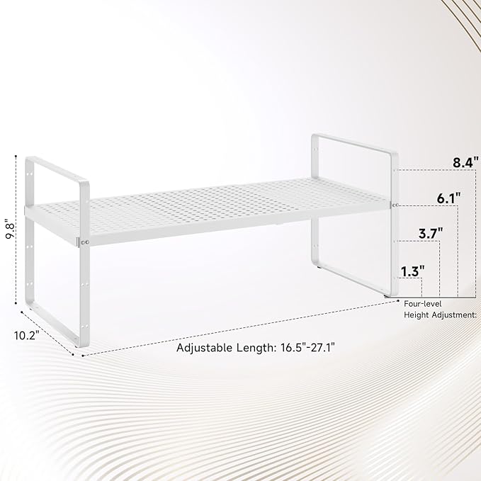 Hole Pattern Expandable Shelf Organizer2Pack 10.2 Wide Easy to Assemble Cabinet Organizer Shelf 16.5~27.1 Adjustable Height&ampStackable Spice Organization for Cupboard White