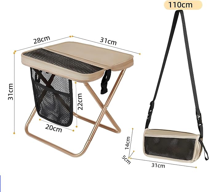 Portable Folding Stool with Storage Bag Lightweight Crossbody Design Carbon Steel Frame Mesh Side Pocket (Beige)