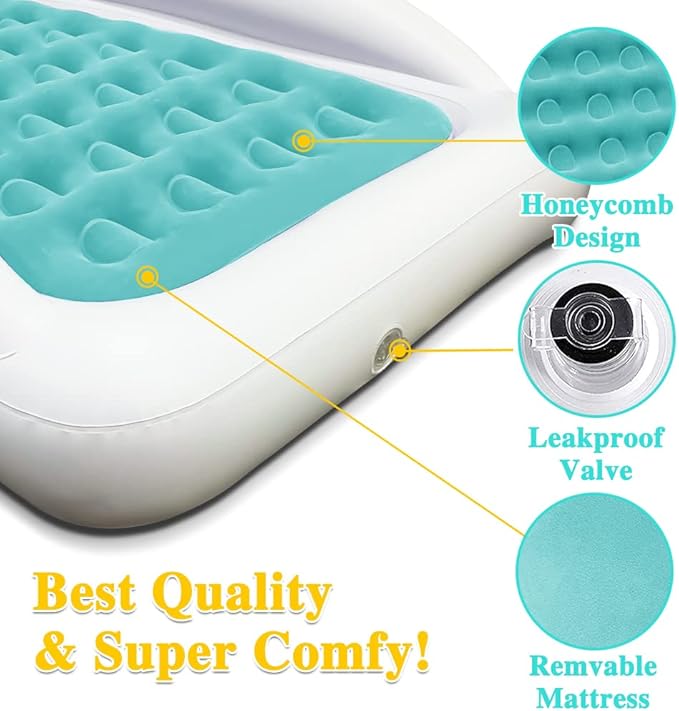 Inflatable Kids Travel Bed Toddler Air Mattress SetPortable Blow Up Mattress Sleeping Bed Cot with Bed Rails and Electric Pump Ideal for Road Trip