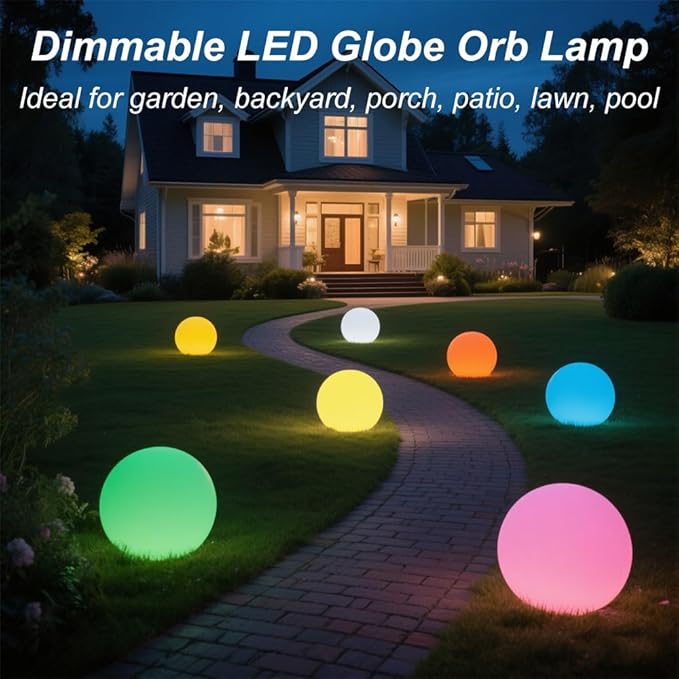 10 In LED Globe Light w/Remote 16 RGB Colors 4 Modes &amp 8 Dimmable Brightness LED Ball Light Sphere Lamp Rechargeable Orb Night Light Waterproof Outdoor Globe Lamp for Home/Yard/Lawn/Party/Pool D