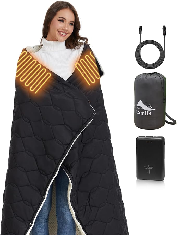 Heated Blanket Battery Operated with Detachable Hood for Camping 12V Cordless Wearable Blanket with 15000mAh Battery Camping Blanket Throw Shawl Indoor Outside(Black)