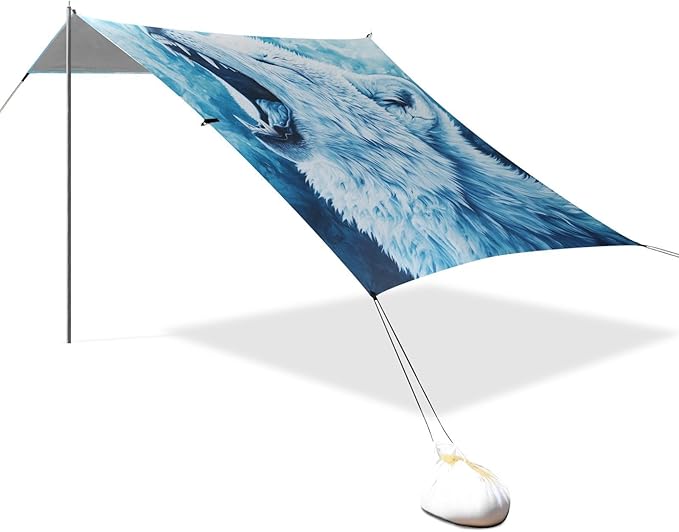 ALAZA Ice Wolf Howling Beach Tent Sun Shelter UPF50+ Protection Beach Shade Canopy w/ 4 Sandbags for Outdoor Camping Fishing Backyard Fun Picnic 10x9 ft