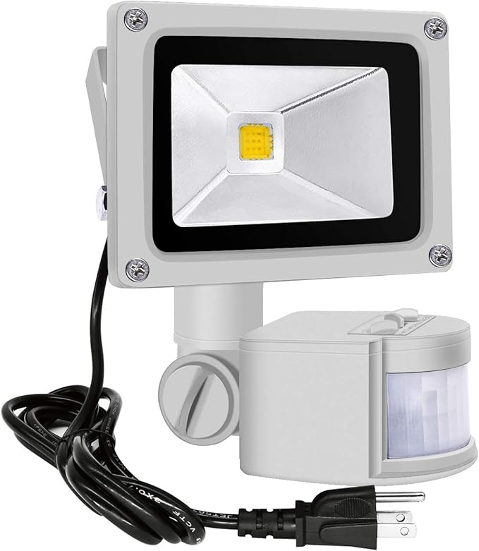 Z Motion Sensor Flood Lights Outdoor10W Induction LED Lamp IP65 Waterproof Spotlight3200K LED Sensor LightSecurity Light with US 3-Plug (Warm White-Grey)