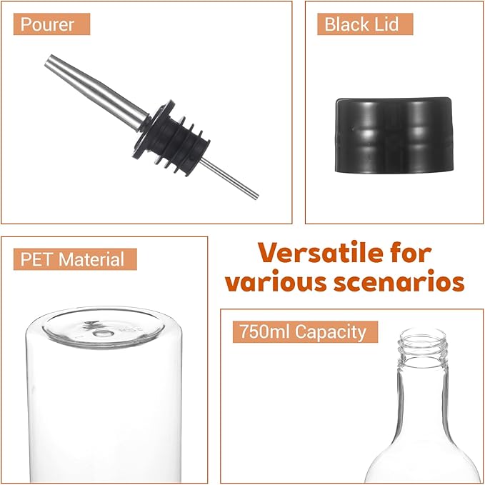 8 Sets 25 oz Plastic Liquor Bottles Long Neck Syrup Juice Bottles with Pourer and Caps Plastic Leakproof Pour Container with Stainless Steel Pourer Tapered Spout for Home Party Bar