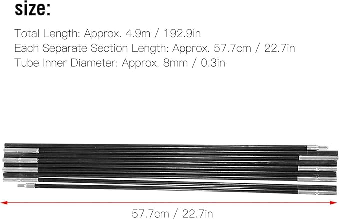 Fiberglass Tent Poles Replacement Kit - 2 Poles 4.9M Adjustable for Tarp &amp Awning Poles - Camping &amp Hiking