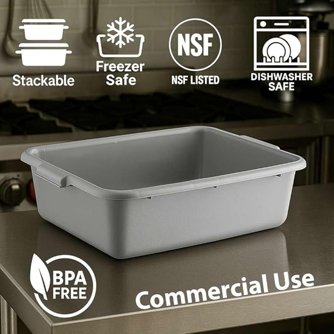 6-Pack 20 x 15 x 5 Commercial Bus Tub/Bus Box - 6.5 Gallons without Lid - Heavy-Duty Polypropylene Dish Box for Restaurants Kitchens and Foodservice - Stackable and Freezer-Safe - Gray