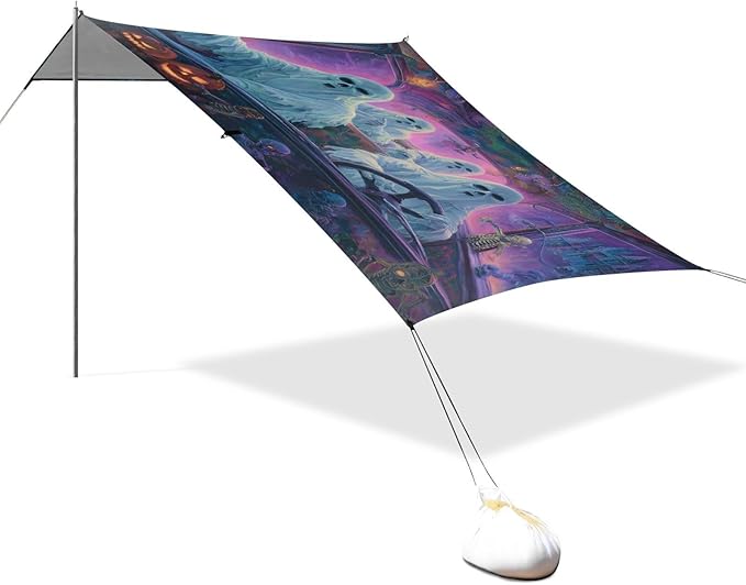 ALAZA Halloween Ghost Skeleton Driving Funny Beach Tent Sun Shelter UPF50+ Protection Beach Shade Canopy w/ 4 Sandbags for Outdoor Camping Fishing Backyard Fun Picnic 10x9 ft