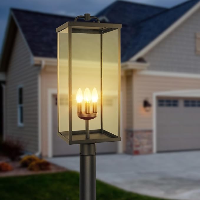 Outdoor Post Light Fixture Modern Exterior Square Pillar Lantern with Black Finish &amp Clear Glass Transitional Pier Mount Lamp Pole Light for Garden Backyard Patio Pathway RZ008XL-P