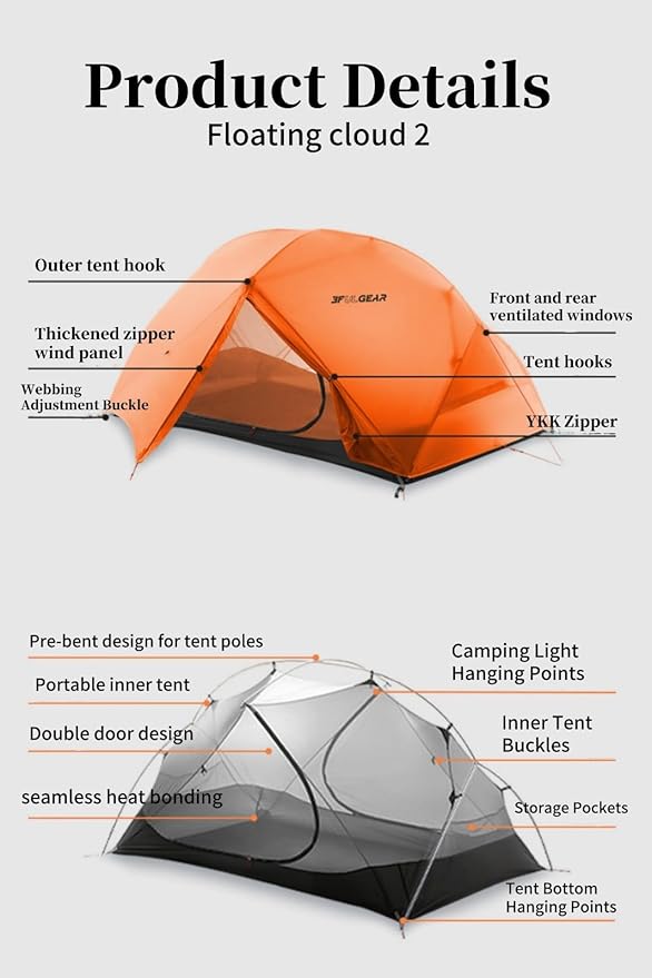 3FULGEAR Backpacking Tent Floating Cloud 2 Easy Setup 2 Person 3/4 Season Ultralight Tents Waterproof Windproof Double Layer Lightweight Outdoor Tent for Camping Hiking Hunting Survival