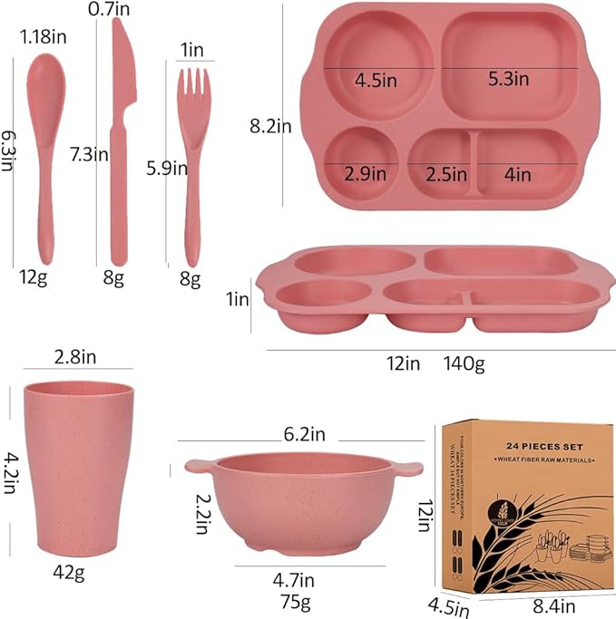 24 Pcs Wheat Straw Dinnerware Cutlery SetsUnbreakable Divided Plates Bowls Cups Spoon Knife Fork for 4 PeopleMicrowave Dishwasher Safe Tableware Cutlery for Party and Daily UseBeige