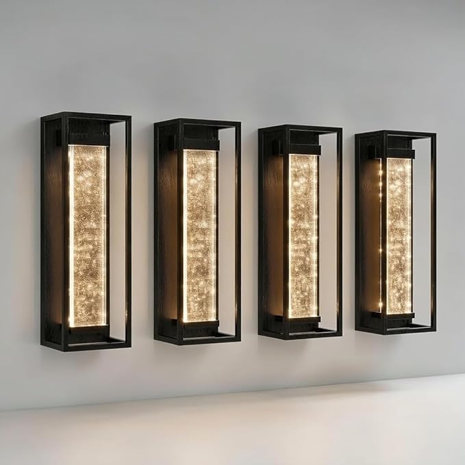 4Pack 16 Inch Waterproof Outdoor Wall Sconce Matte Black Metal &amp Crystal Bubble Glass 3000K Warm White LED Lantern Exterior Wall Light for Porch Garage Patio