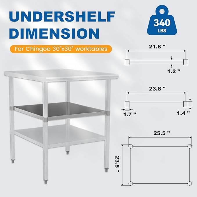 Stainless Steel Undershelf 30x30 Inches for Commercial Work Table - Bottom Shelf Add-On Extra Storage for NSF Kitchen Restaurant Café Bakery or Food Prep Stations