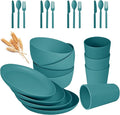 24pcs Wheat Straw Dinnerware Sets Wheat Straw Plates and Bowls Sets for 4 Microwave Dishwasher Safe Lightweight （Green）