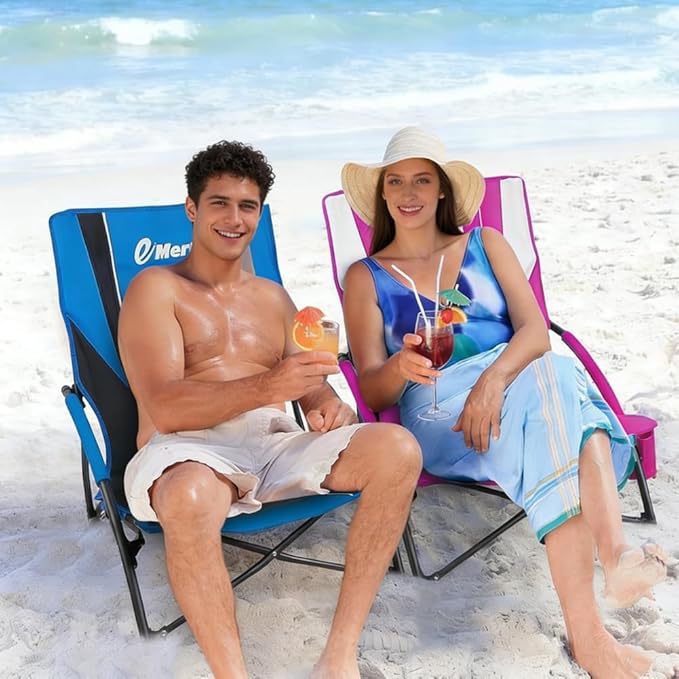 EMERIT Low Beach Chairs for Adults Sling Beach Chair with Umberalla Folding Backpack Camping Chair with Cup Holder