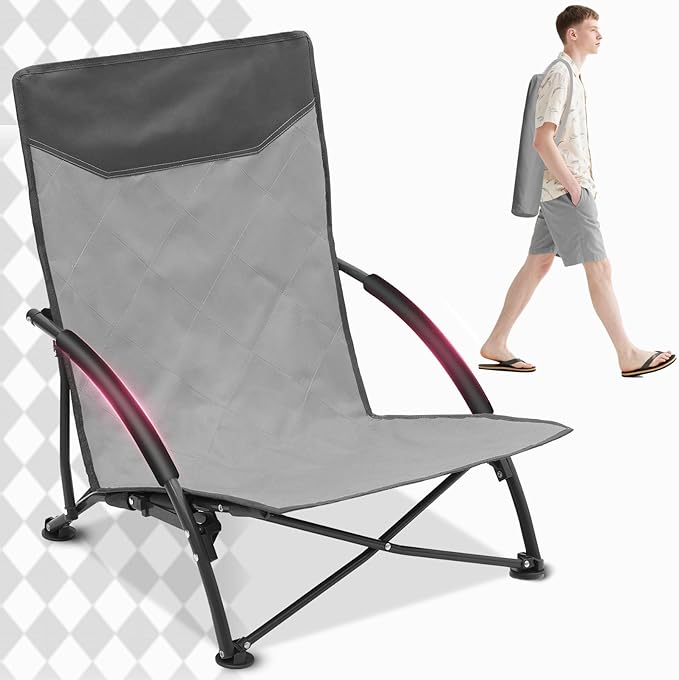 Sekey Portable Beach Chair Lightweight Camping Chair with Carry Bag Low Folding Beach Chair for Adults Compact Ourdoor Chairs for Picnic Fishing and Sports Events Gray