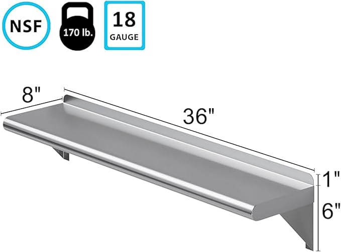 Stainless Steel Wall Shelf 8 x 36 | Metal Shelving | Garage Laundry Storage Utility Room | Restaurant Commercial Kitchen | NSF Certified |