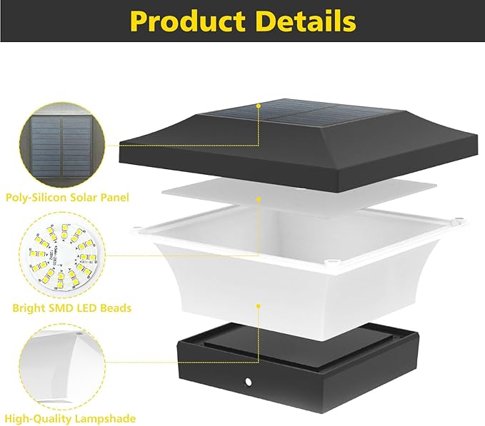 T-SUN Solar Post Lights Outdoor Waterproof Solar Post Cap Lights for 4X4 5X5 6X6 Wooden Posts6000K White LED Lighting Deck Patio Garden Decor or Fence(6 Pack)