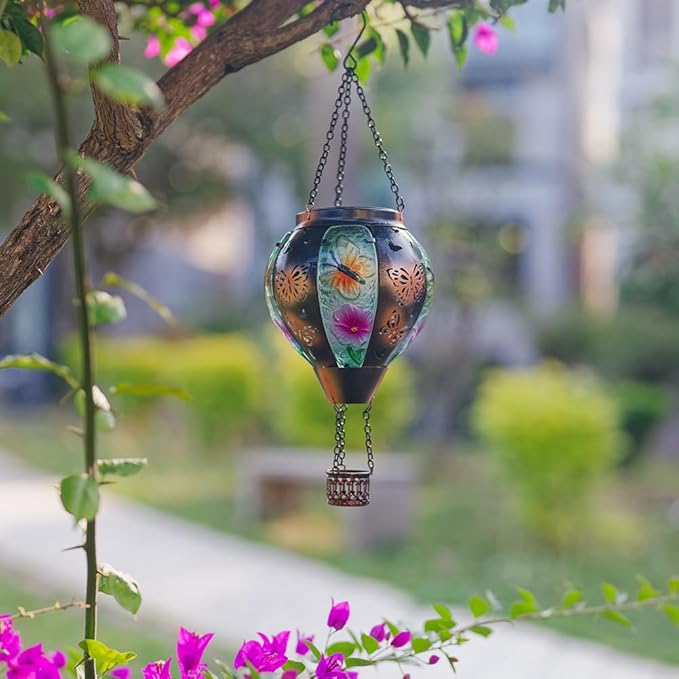 DREAMSOUL Butterfly Hot Air Balloon Solar Lantern Glass &amp Metal Outdoor Lantern Hanging Solar Lanterns Outdoor Waterproof for Garden Patio Party