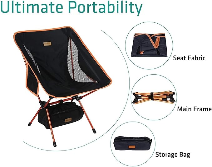 Portable Camping Chair - Compact Ultralight Folding Backpacking Chairs Small Collapsible Foldable Packable Lightweight Backpack Chair in a Bag for Outdoor Camp Picnic Hiking(Black