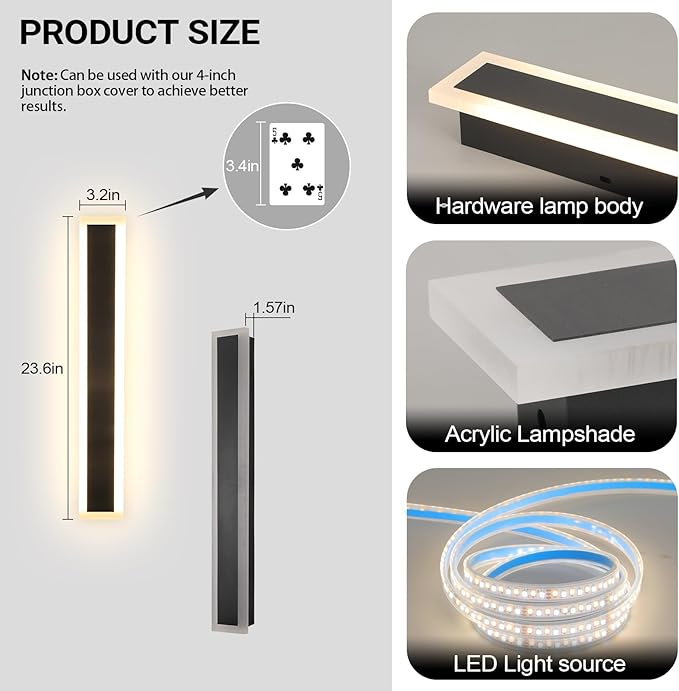 24 Inch Modern Wall Lights Outdoor 2 PCS Outdoor Wall Sconce Dimmable 3000K-6000K IP65 Waterproof Exterior Long Wall Light for Doorway Porch Stairway Patio