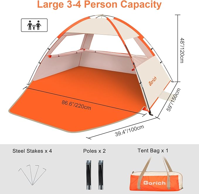 Gorich Beach Tent Sun Shelter for 3/4/6/8/10 Person with UPF 50＋ UV Protection Lightweight &amp Easy Setup Beach Shade Canopy Portable Beach Shade Tent Beach Cabana