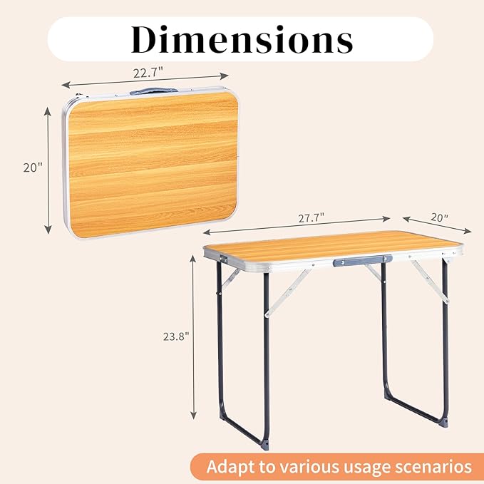 Folding Camping Table2.3FT Aluminum Folding Picnic TableHeavy Duty Utility TableIndoor Outdoor Portable Lightweight with Carrying Handlefor BackyardPicnicPartyBBQ (Wood Grain)