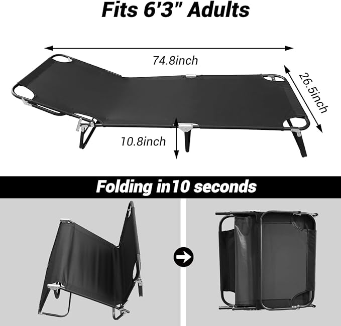 Adult Camping Cot - 220 lbs Capacity Folding Bed with Mattress Portable Compact for Indoor/Outdoor/Home/Travel