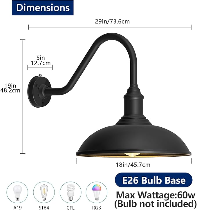 Large 18in Dusk to Dawn Outdoor Barn Lights Classic Gooseneck Light Up The Night Suitable for Porch Farmhouse Garage Lighting