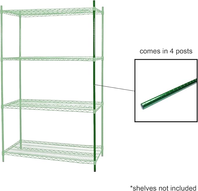 TrueCraftware- 8” Green Epoxy Wire Shelving Posts with Leveling Foot Set of 4- Commercial Shelves Wall Mounted Metal Shelving for Restaurant Bar Utility Room Kitchen and Garage
