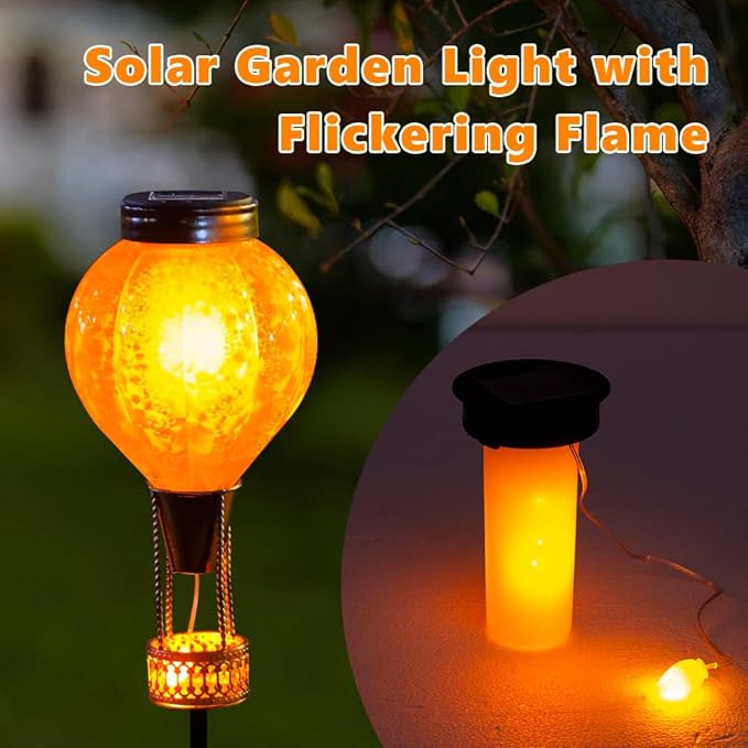 Outdoor Solar Lights Waterproof with Hot Air Balloon Flickering Flame Solar Garden Light Glass Landscape Lamp Stake Lights Outside Decor for Pathway Walkway Yard Patio