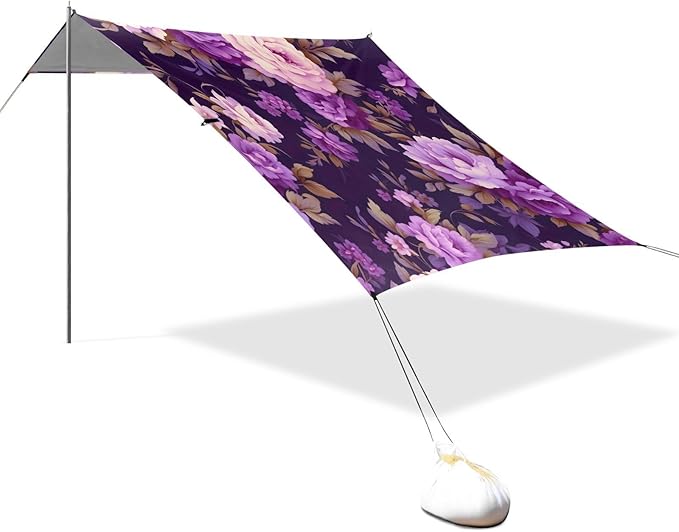 Purple Roses Beach Tent Sun Shelter 9.2' x 10.5' Beach Canopy with 4 Sandbags 4 Stability Poles Sand Shovels - Tent Canopy for Beach Camping Fishing Picnics
