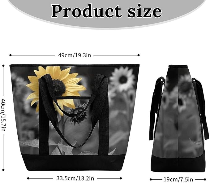 Insulated Shopping BagLarge Reusable Cooler Bags Black And White Sunflowers Printed Foldable Shopping BagTravel Waterproof Shoulder Bag